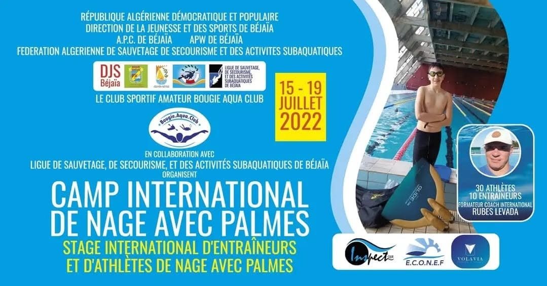 Poster of the International Finswimming Camp in B&eacute;ja&iuml;a, 15-19 July 2022, with the logos of the organisers